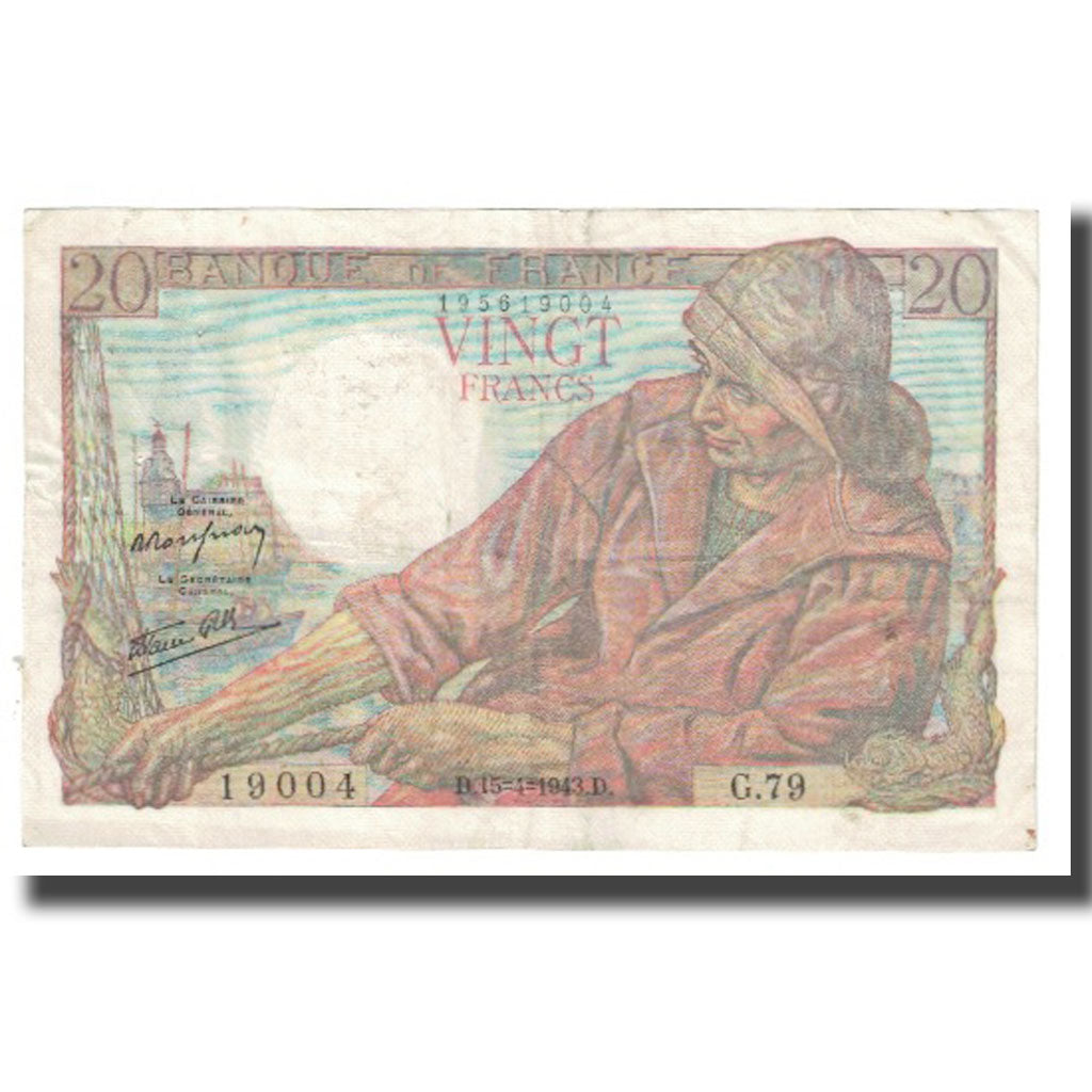 France, 20 Francs, Pêcheur, 1943, P. Rousseau and R. Favre-Gilly, 1943-04-15