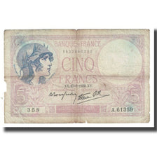 França, 5 Francs, Violet, 1939, P. Rousseau and R. Favre-Gilly, 1939-08-17