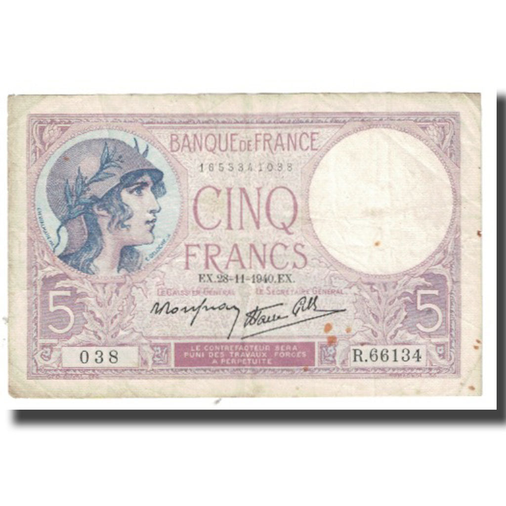 Frankrijk, 5 Francs, Violet, 1940, P. Rousseau and R. Favre-Gilly, 1940-11-28