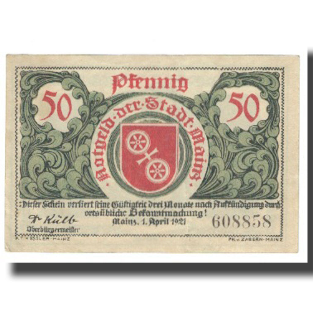 Banconote, Germania, Mainz, 50 Pfennig, Blason, 1921, 1921-04-01, SPL