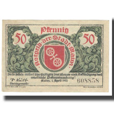 Banknot, Niemcy, Mainz, 50 Pfennig, Blason, 1921, 1921-04-01, UNC(63)