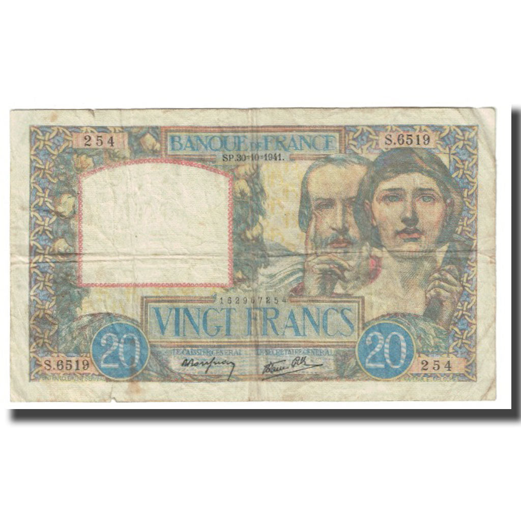 France, 20 Francs, Science et Travail, 1941, P. Rousseau and R. Favre-Gilly
