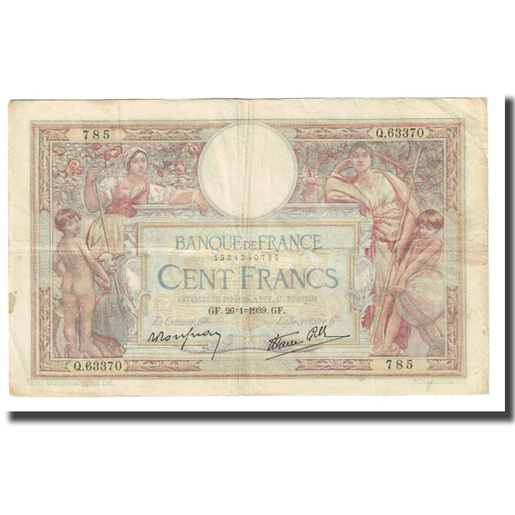 France, 100 Francs, Luc Olivier Merson, 1939, P. Rousseau and R. Favre-Gilly