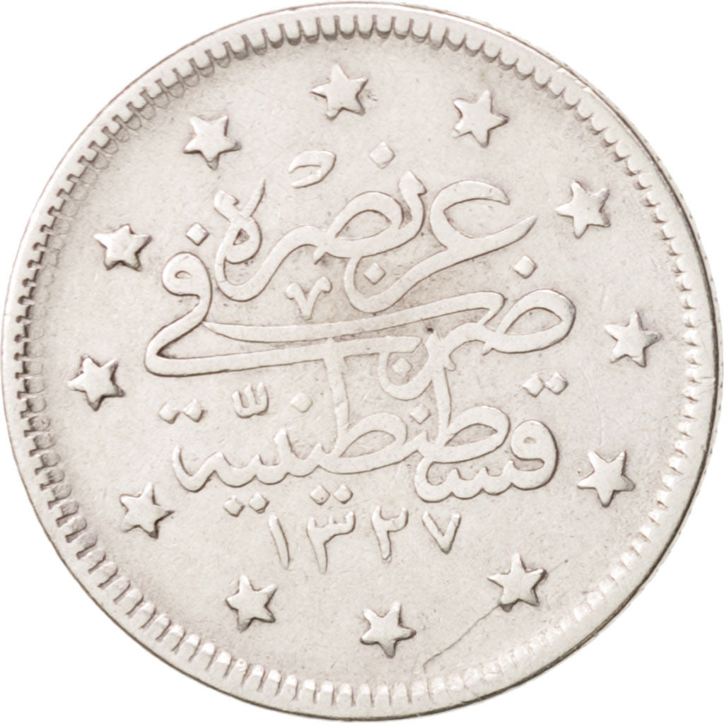 Turkey, Muhammad V, 2 Kurush, 1910, Qustantiniyah, EF(40-45), Silver, KM:749