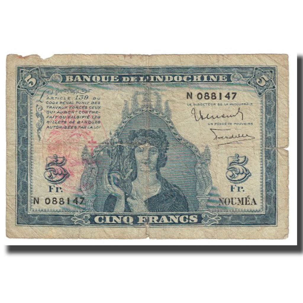 Banknote, New Caledonia, 5 Francs, KM:48, VF(20-25)