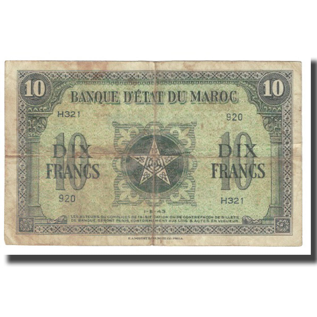 Banknote, Morocco, 10 Francs, 1943, 1943-05-01, KM:25a, VF(20-25)