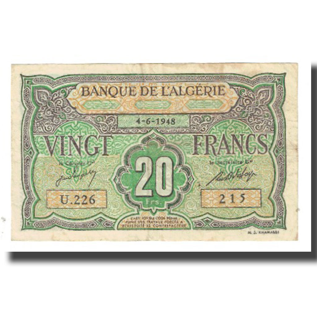 Banknote, Algeria, 20 Francs, 1948, 1948-06-04, KM:103, EF(40-45)