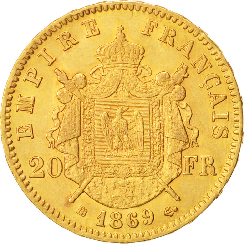 France, Napoléon III, 20 Francs, 1869, Strasbourg, TTB+, Or,KM 801.2,Gadoury1062
