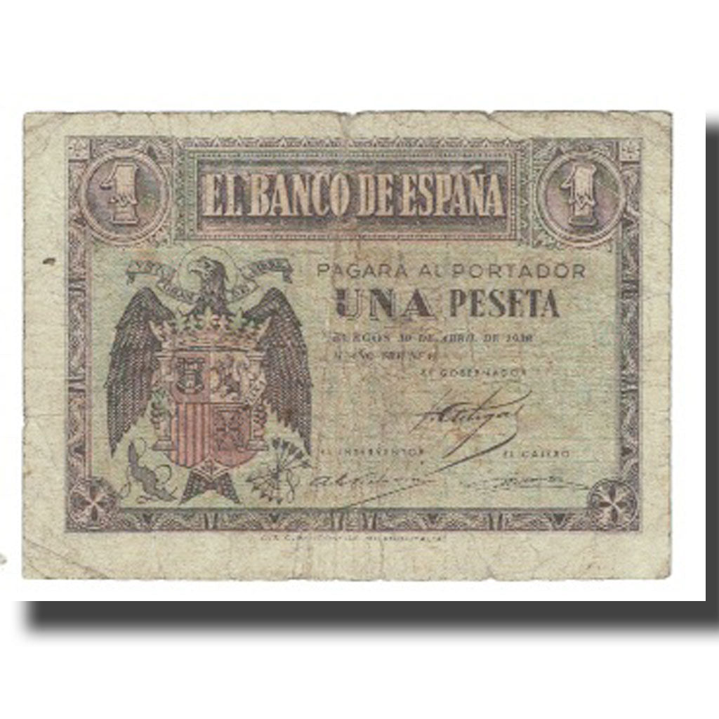 Banknote, Spain, 1 Peseta, 1938, 1938-04-30, KM:108a, VF(20-25)