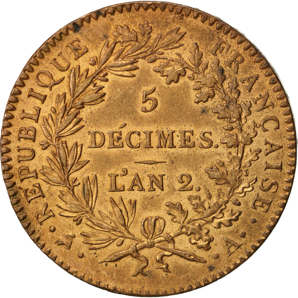 France, 5 Décimes, 1793, Paris, AU(55-58), Bronze, Brandon:98
