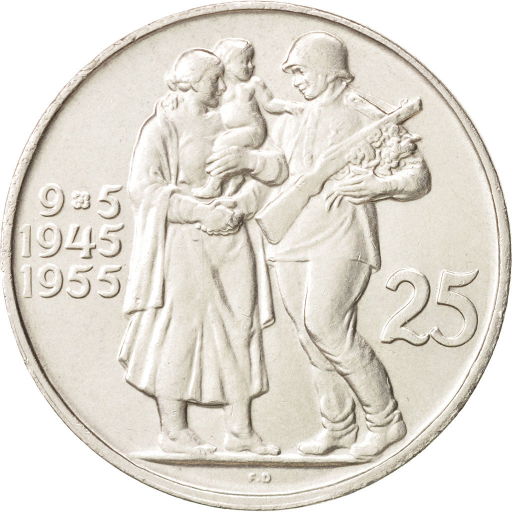 Cecoslovacchia, 25 Korun, 1955, SPL-, Argento, KM:43