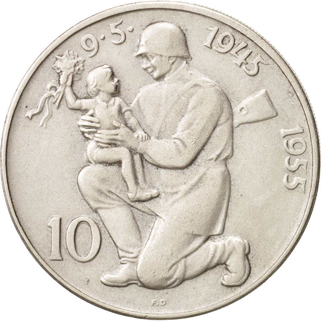 Czechoslovakia, 10 Korun, 1955, EF(40-45), Silver, KM:42