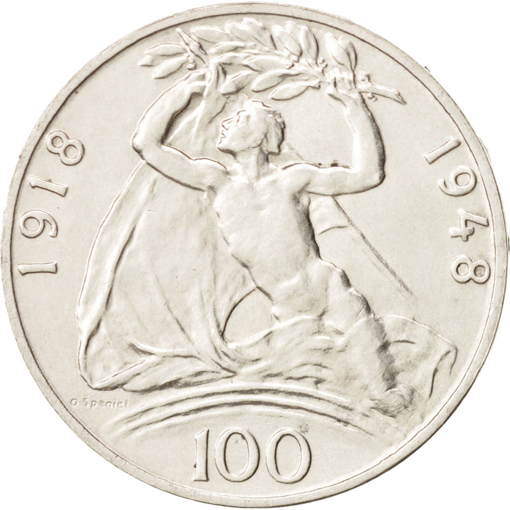 Cecoslovacchia, 100 Korun, 1948, SPL-, Argento, KM:27