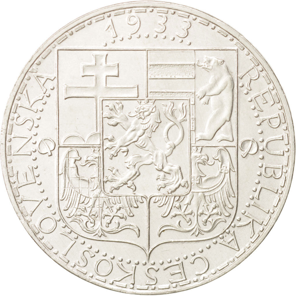 Czechoslovakia, 20 Korun, 1933, AU(55-58), Silver, KM:17