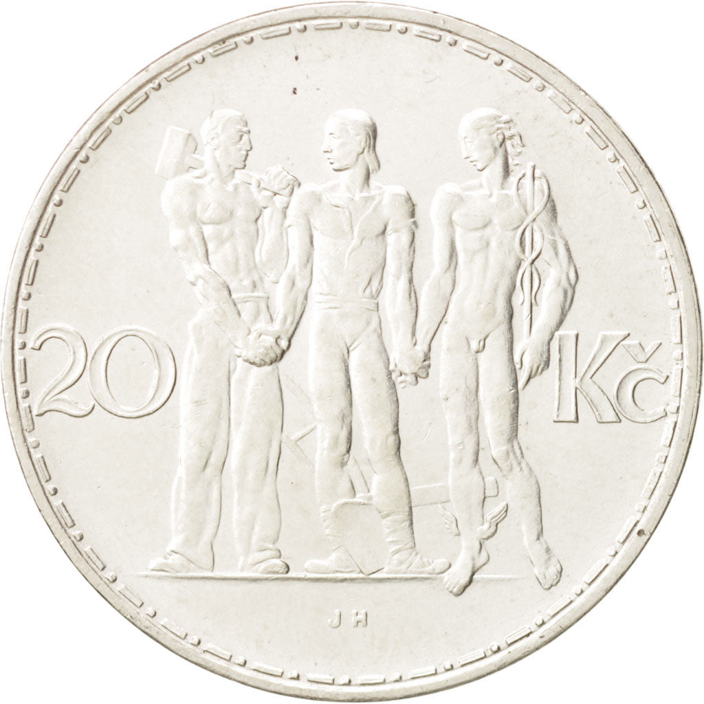 Czechoslovakia, 20 Korun, 1933, AU(55-58), Silver, KM:17