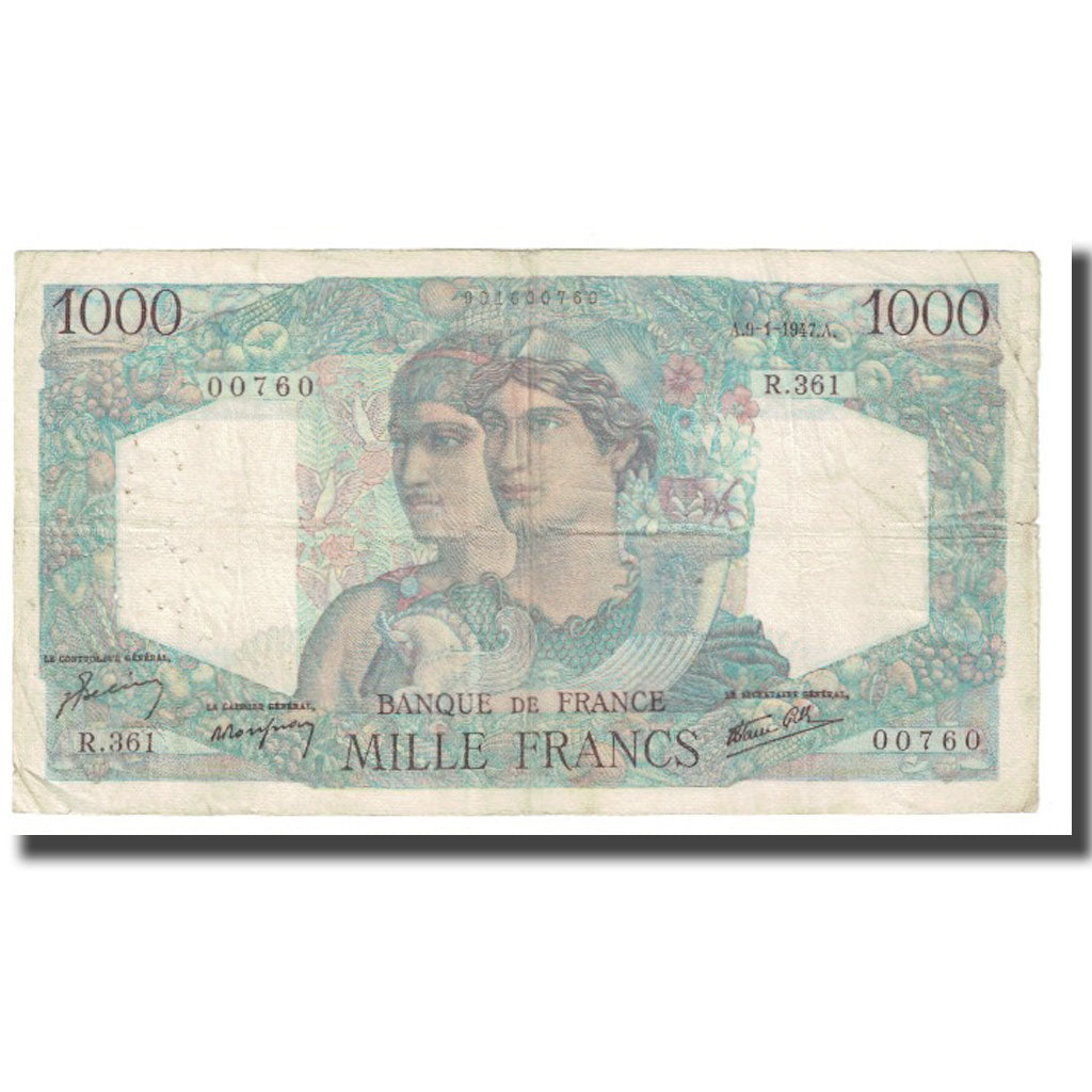 France, 1000 Francs, Minerve et Hercule, 1947, 1947-01-09, VF(30-35)