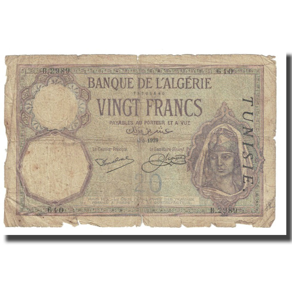 Billete, 20 Francs, 1929, Túnez, KM:6b, RC