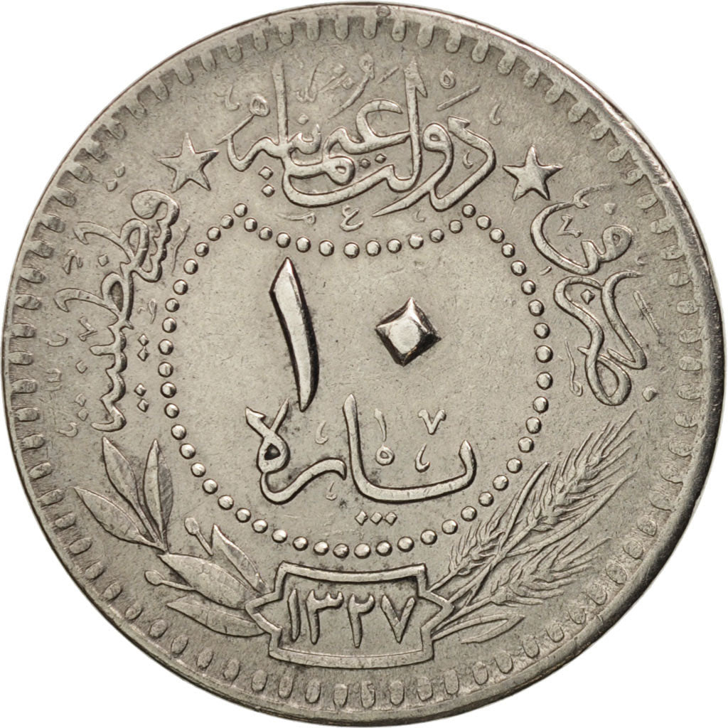 Turkey, Muhammad V, 10 Para, 1913, Qustantiniyah, AU(55-58), Nickel, KM:760