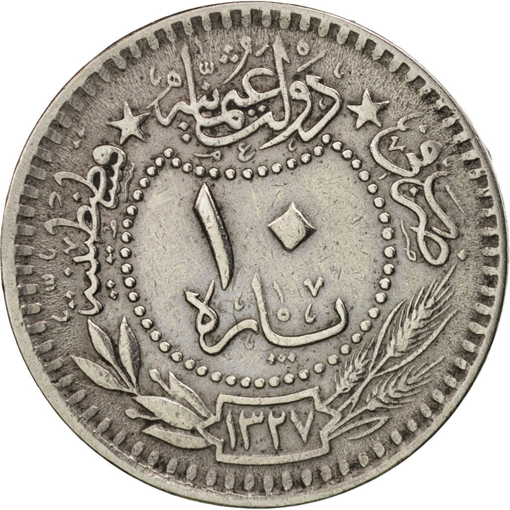 Turkey, Muhammad V, 10 Para, 1912, Qustantiniyah, AU(50-53), Nickel, KM:760