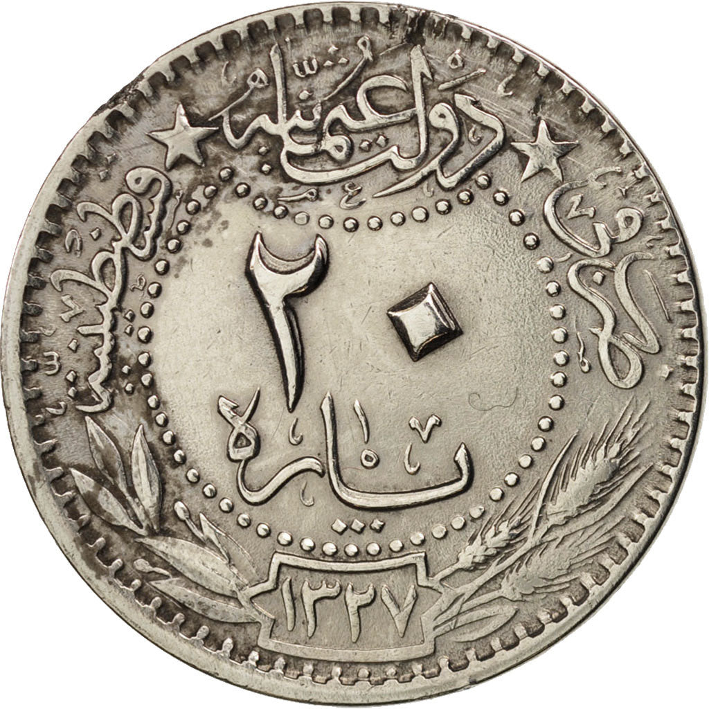 Turkey, Muhammad V, 20 Para, 1911, Qustantiniyah, EF(40-45), Nickel, KM:761