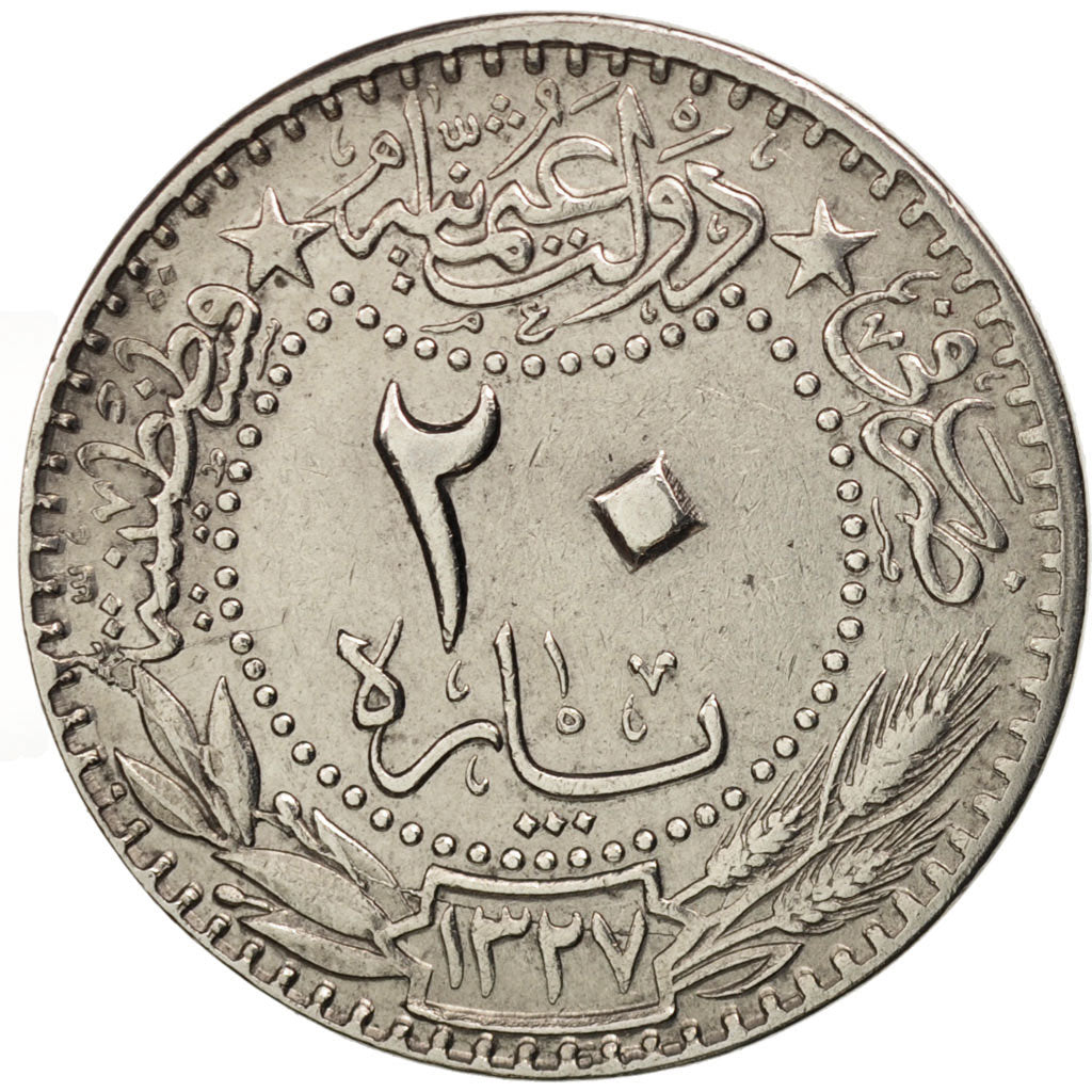 Turkey, Muhammad V, 20 Para, 1914, Qustantiniyah, EF(40-45), Nickel, KM:761