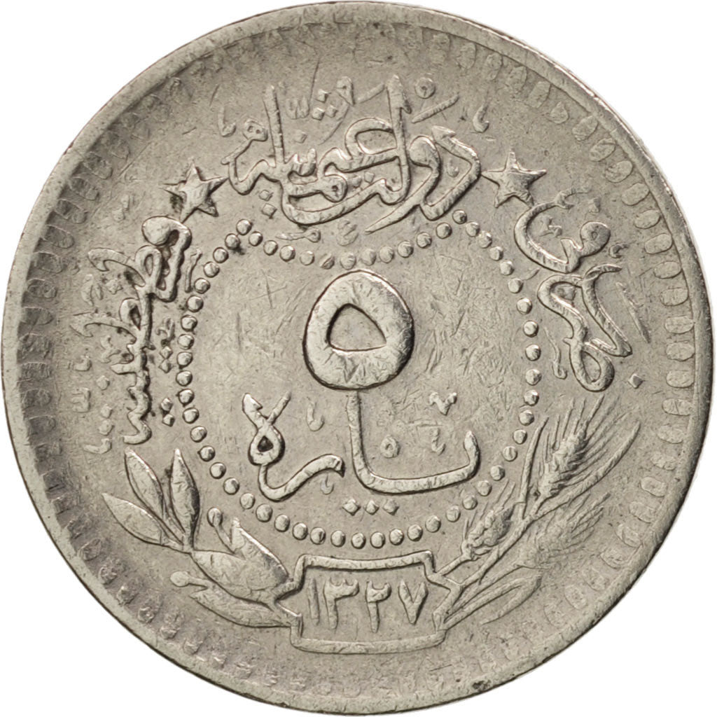 Turkey, Muhammad V, 5 Para, 1911, Qustantiniyah, EF(40-45), Nickel, KM:759