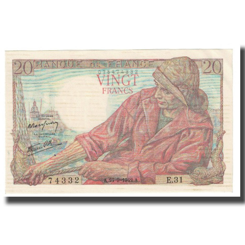 Francja, 20 Francs, Pêcheur, 1942, 1942-09-24, EF(40-45), Fayette:13.6, KM:100a