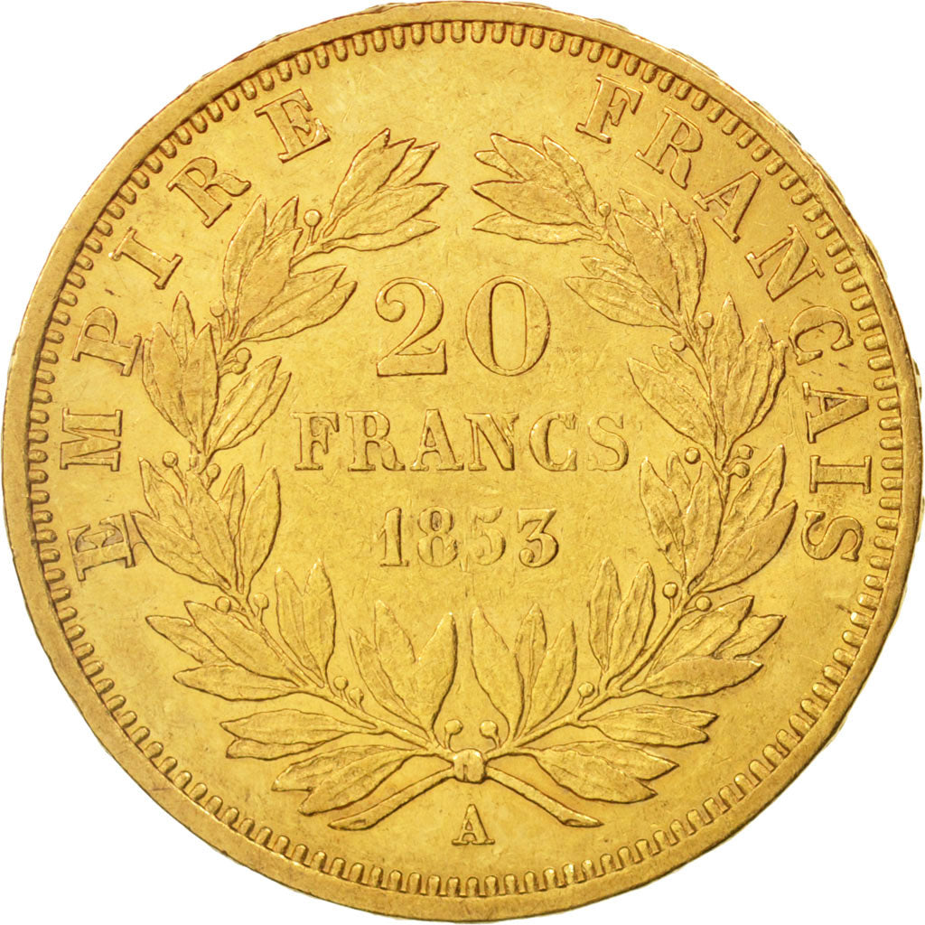 France, Napoleon III, 20 Francs, 1853, Paris,EF(40-45),Gold,KM 781.1,Gadoury1061