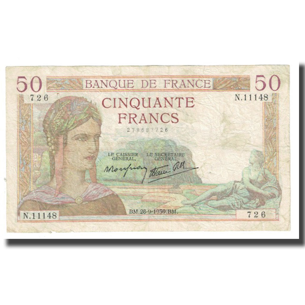 France, 50 Francs, Cérès, 1939, P. Rousseau and R. Favre-Gilly, 1939-09-28