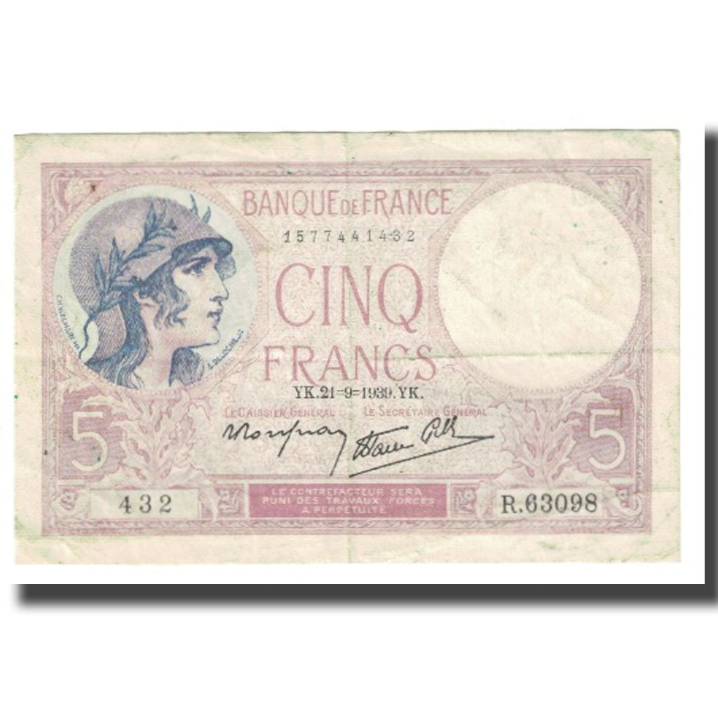 France, 5 Francs, Violet, 1939, P. Rousseau and R. Favre-Gilly, 1939-09-21