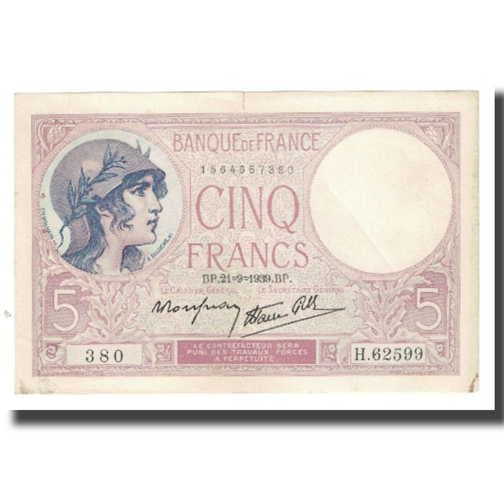France, 5 Francs, Violet, 1939, P. Rousseau and R. Favre-Gilly, 1939-09-21