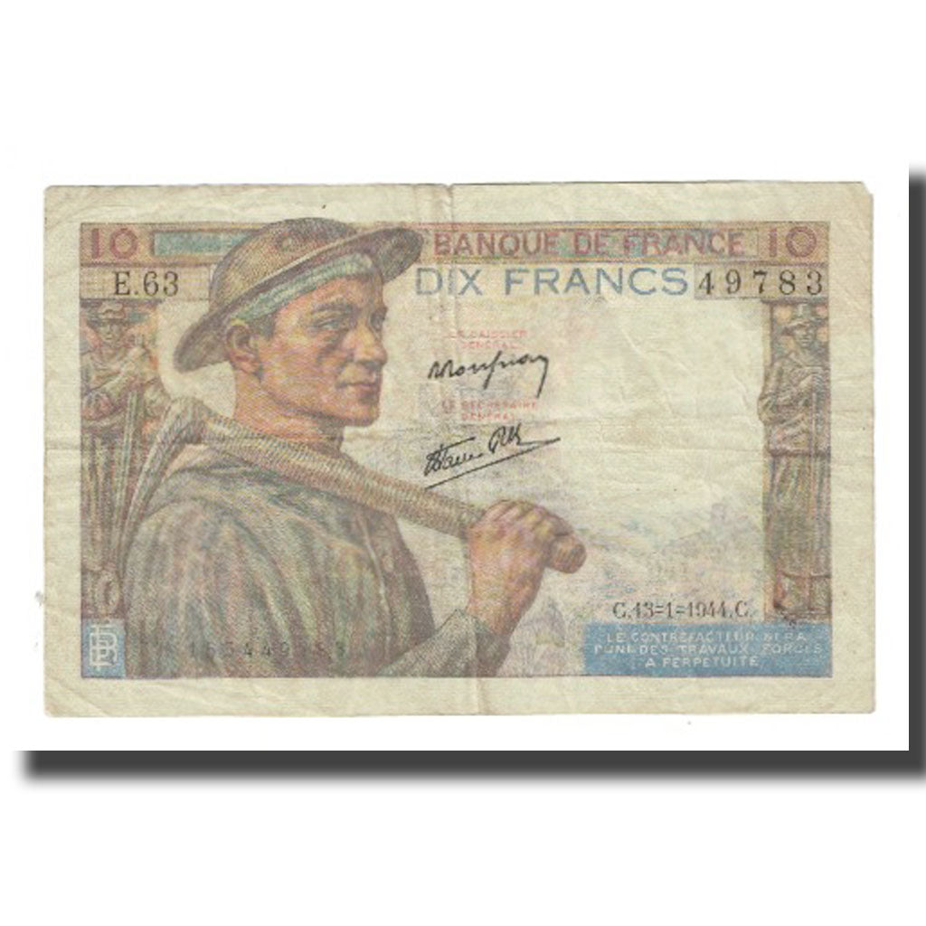 France, 10 Francs, Mineur, 1944, P. Rousseau and R. Favre-Gilly, 1944-01-13