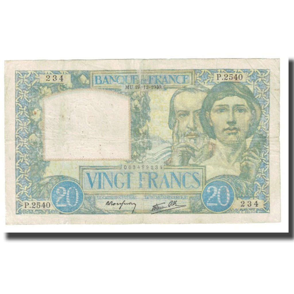 France, 20 Francs, Science et Travail, 1940, P. Rousseau and R. Favre-Gilly