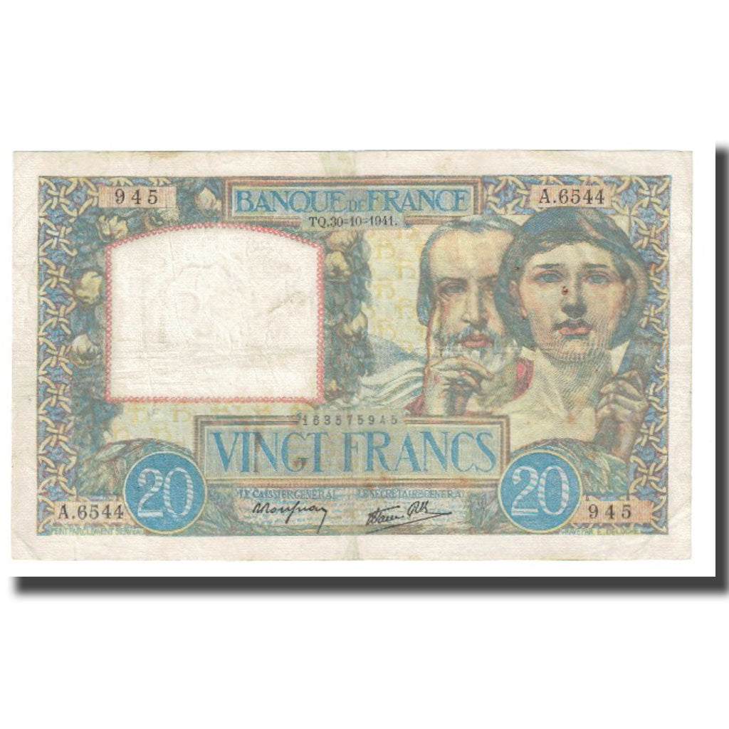 France, 20 Francs, Science et Travail, 1941, P. Rousseau and R. Favre-Gilly