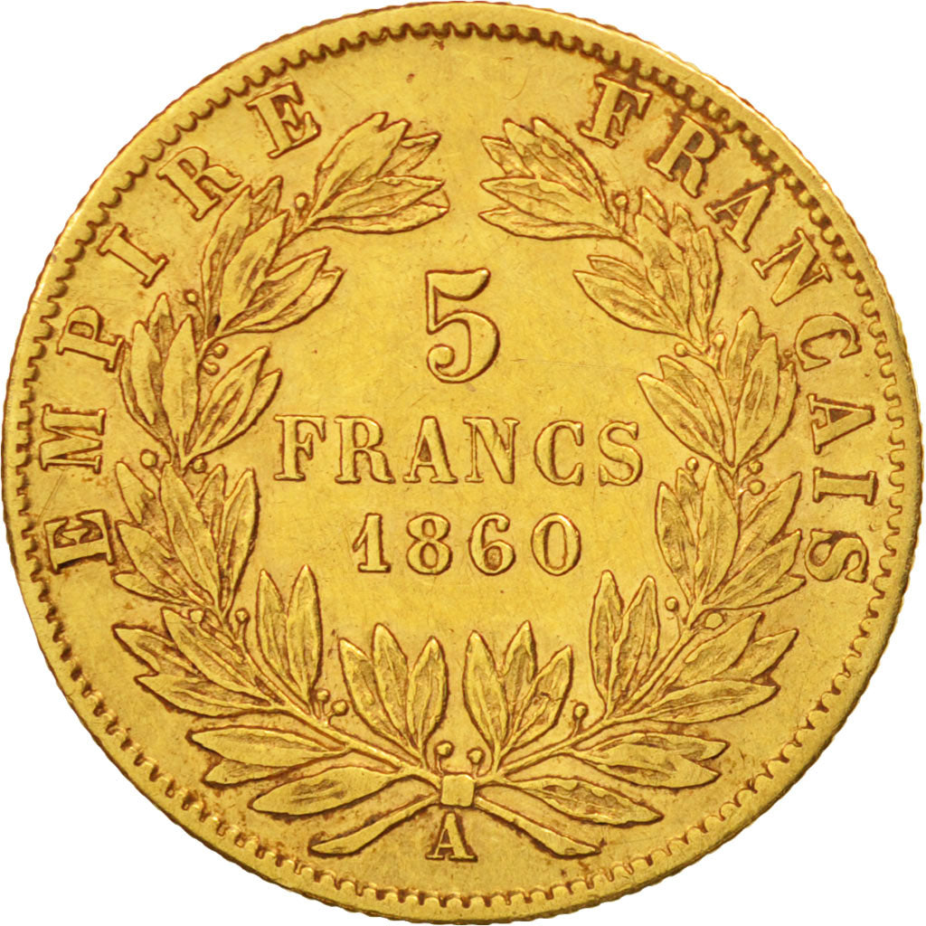 France, Napoléon III, 5 Francs, 1860, Paris, TB+, Or, KM:787.1, Gadoury 1001