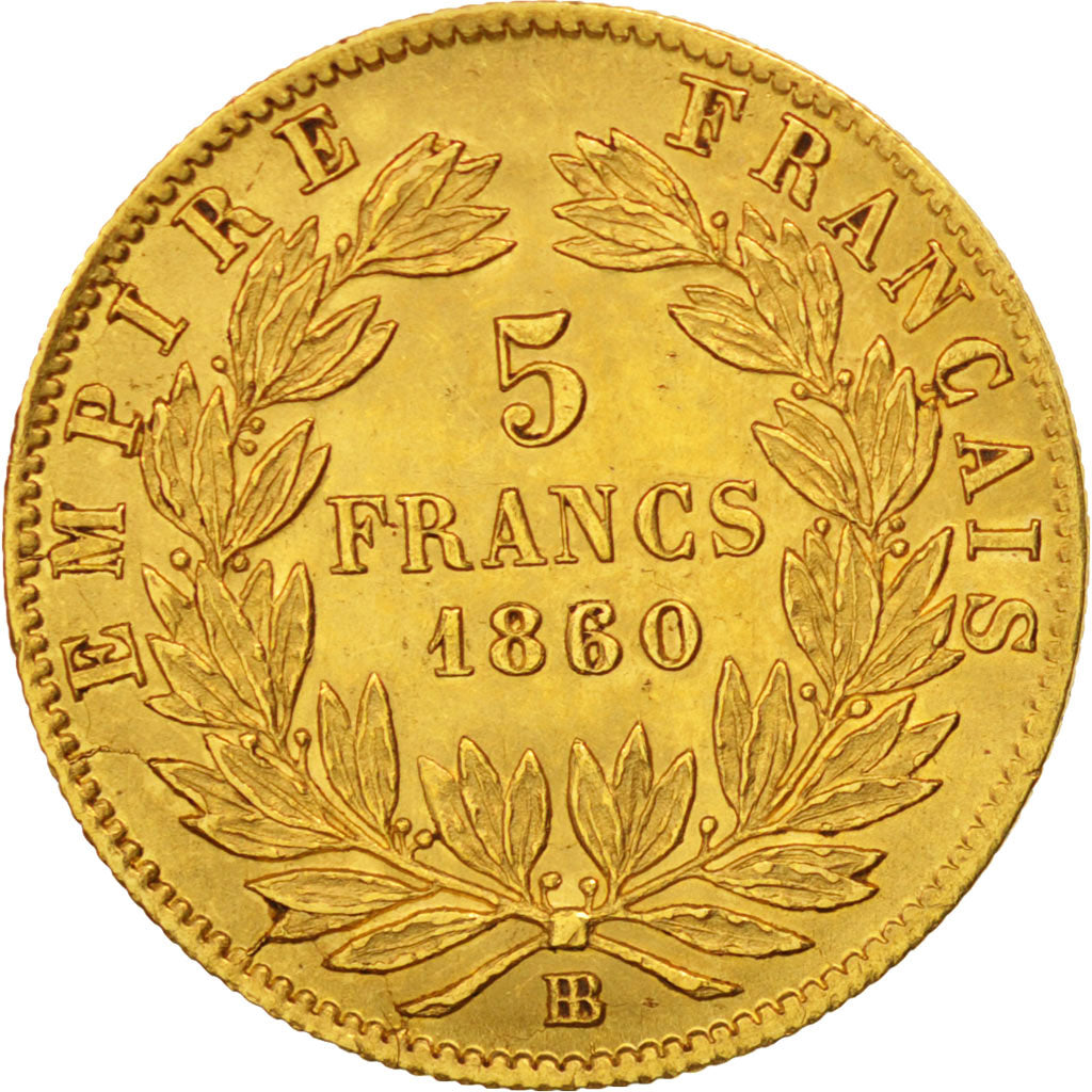 Francia, Napoleon III, Napoléon III, 5 Francs, 1860, Strasbourg, BB+, Oro, K...