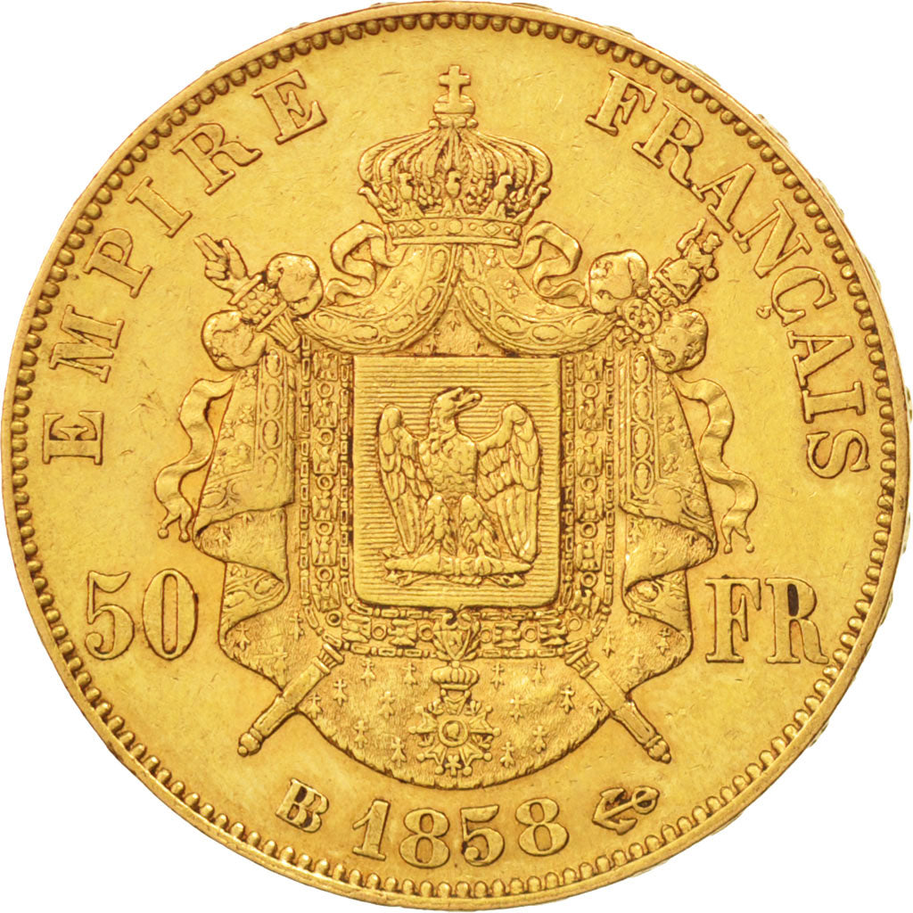 France, Napoleon III, 50 Francs, 1858, Strasbourg, VF(30-35),KM785.2,Gadoury1111