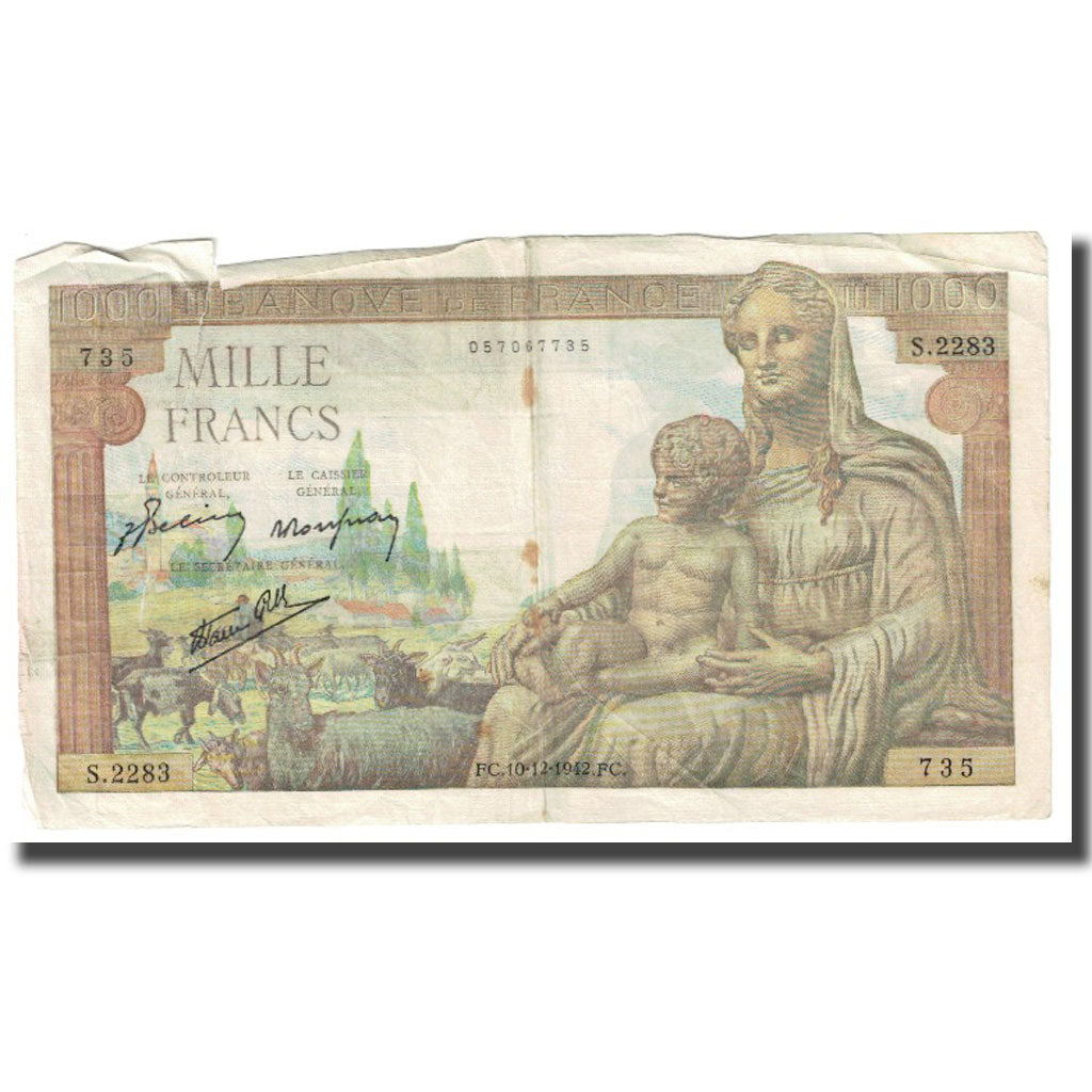Francia, 1000 Francs, Déesse Déméter, 1942, P. Rousseau and R. Favre-Gilly