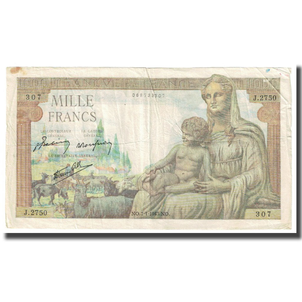 Francia, 1000 Francs, Déesse Déméter, 1943, P. Rousseau and R. Favre-Gilly