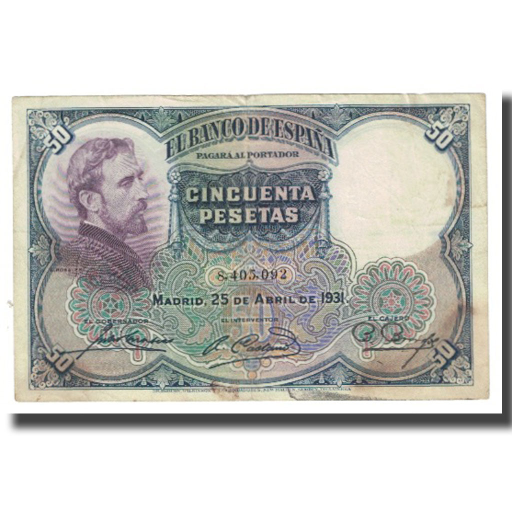 Spain, 50 Pesetas, 1931, KM:82, 1931-04-25, VF(20-25)