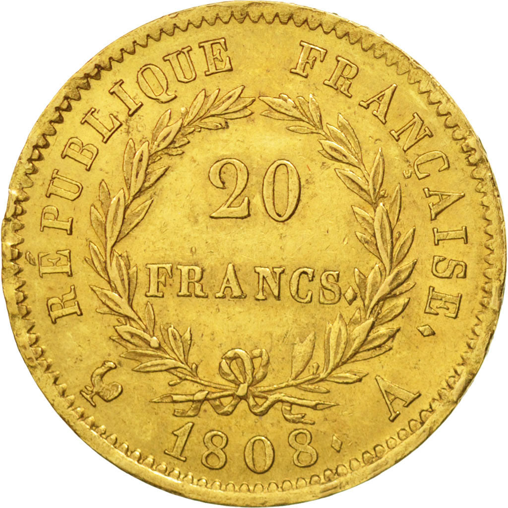 France, Napoléon I, 20 Francs, 1808, Paris, AU(55-58), Gold,KM:687.1,Gadoury1024