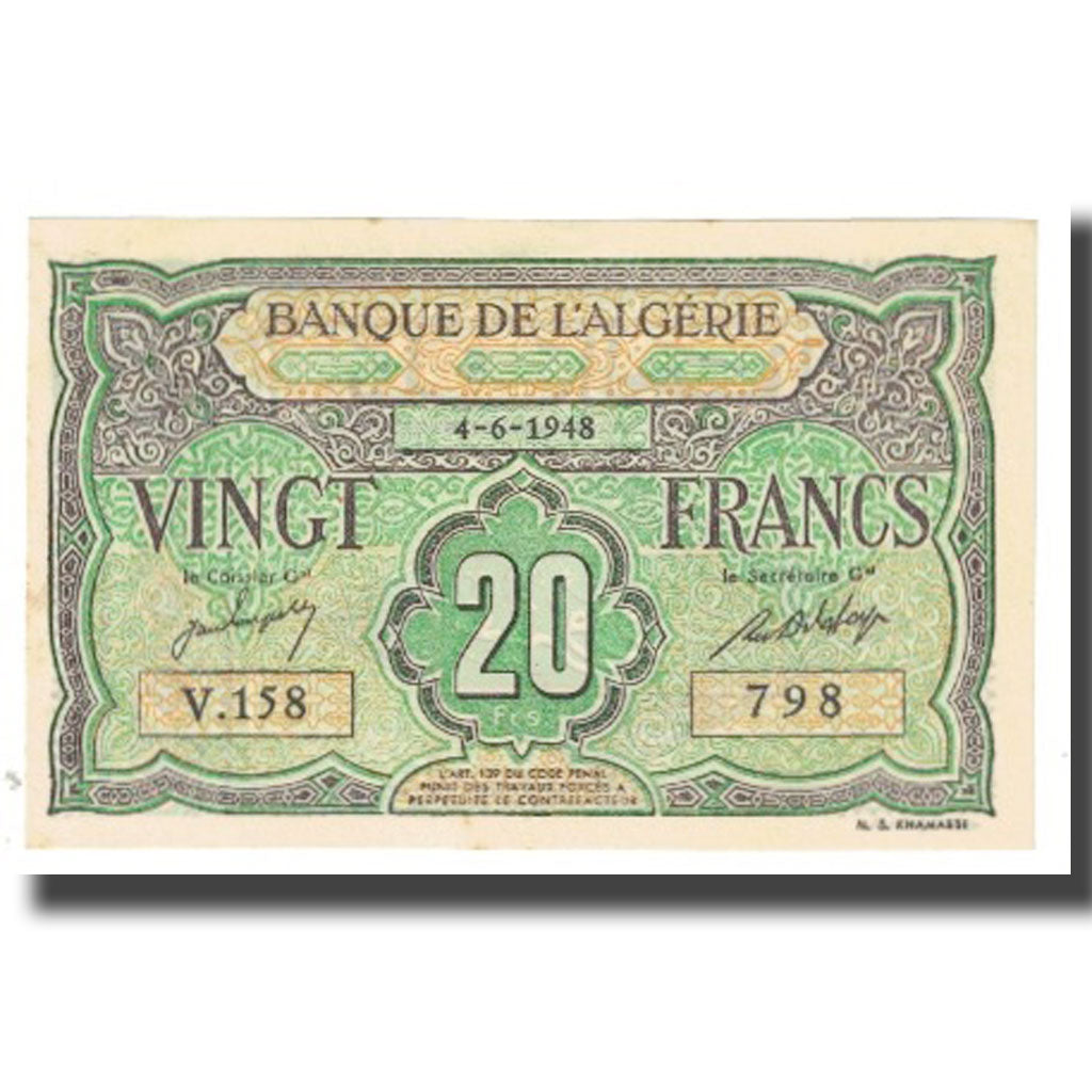 Banknote, Algeria, 20 Francs, 1948, 1948-06-04, KM:103, AU(55-58)