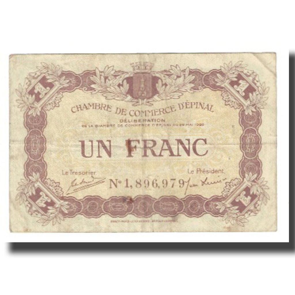 Banknote, Pirot:56-5, 1 Franc, 1920, France, EF(40-45), Epinal