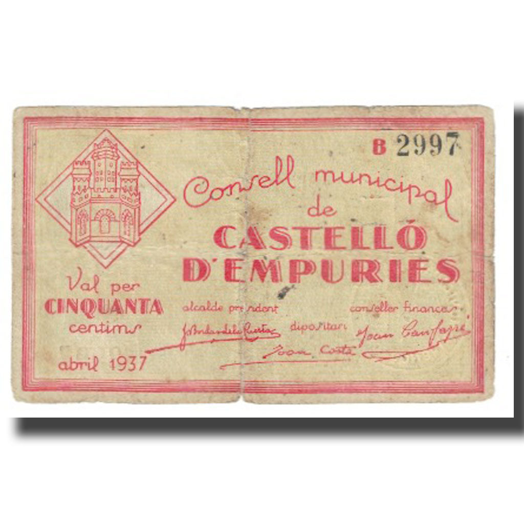 Billete, 50 Centimes, 1937, España, CASTELLO D EMPURIES, BC