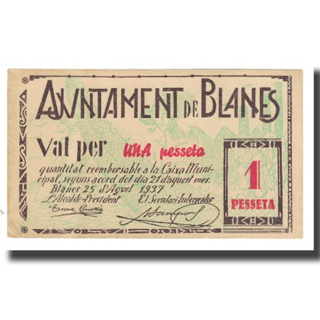Banknote, Spain, 1 Peseta, 1937, 1937-08-25, BLANES, UNC(63)