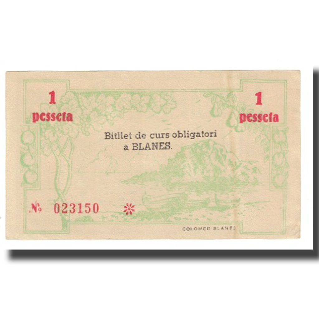 Banknote, Spain, 1 Peseta, 1937, 1937-08-25, BLANES, UNC(63)
