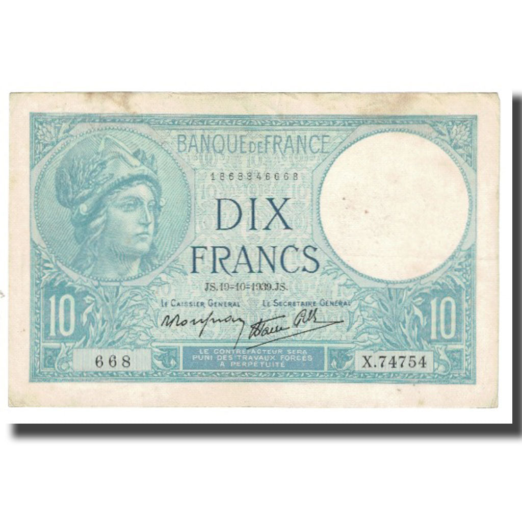 France, 10 Francs, Minerve, 1939, platet strohl, 1939-10-19, TTB, Fayette:7.12