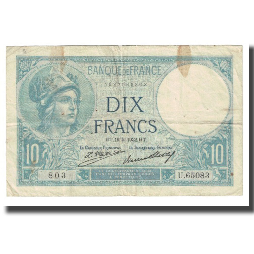 France, 10 Francs, Minerve, 1932, platet strohl, 1932-05-19, TB, Fayette:6.16