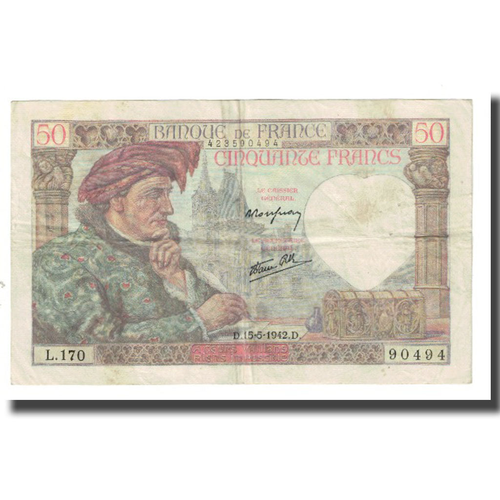 França, 50 Francs, Jacques Coeur, 1942, P. Rousseau and R. Favre-Gilly