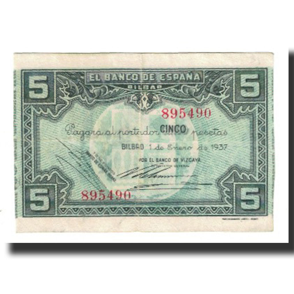Banknote, Spain, 5 Pesetas, Bilbao, 1937, 1937, EF(40-45)